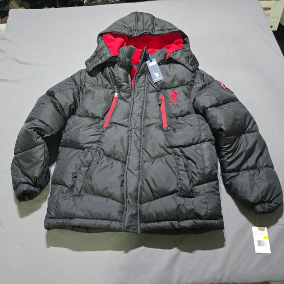 U.S. Polo Assn. Other - U.S. Polo Assn. Puffer Jacket Kids Size L 14/16 Black Red Fleece Lined Hooded
